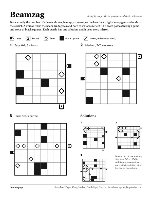 The one-page print sample: the rules, a legend, three boards at 6 by 6, 7 by 7 and 8 by 8, and their solutions