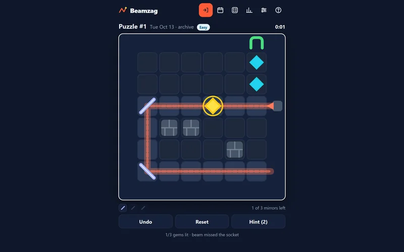 Beamzag on a desktop in dark mode: a board in progress with two of three mirrors placed