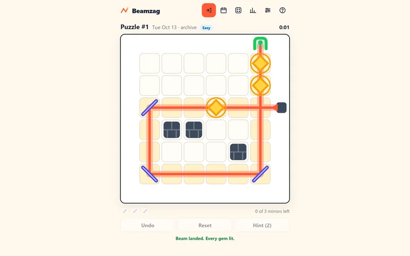 Beamzag on a desktop in light mode: puzzle #1 solved, the beam bending off three mirrors through every gem into the socket