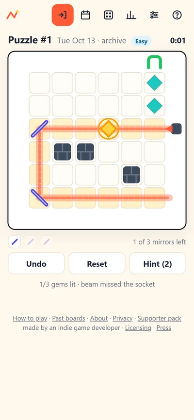 Beamzag on a phone in light mode: a board in progress